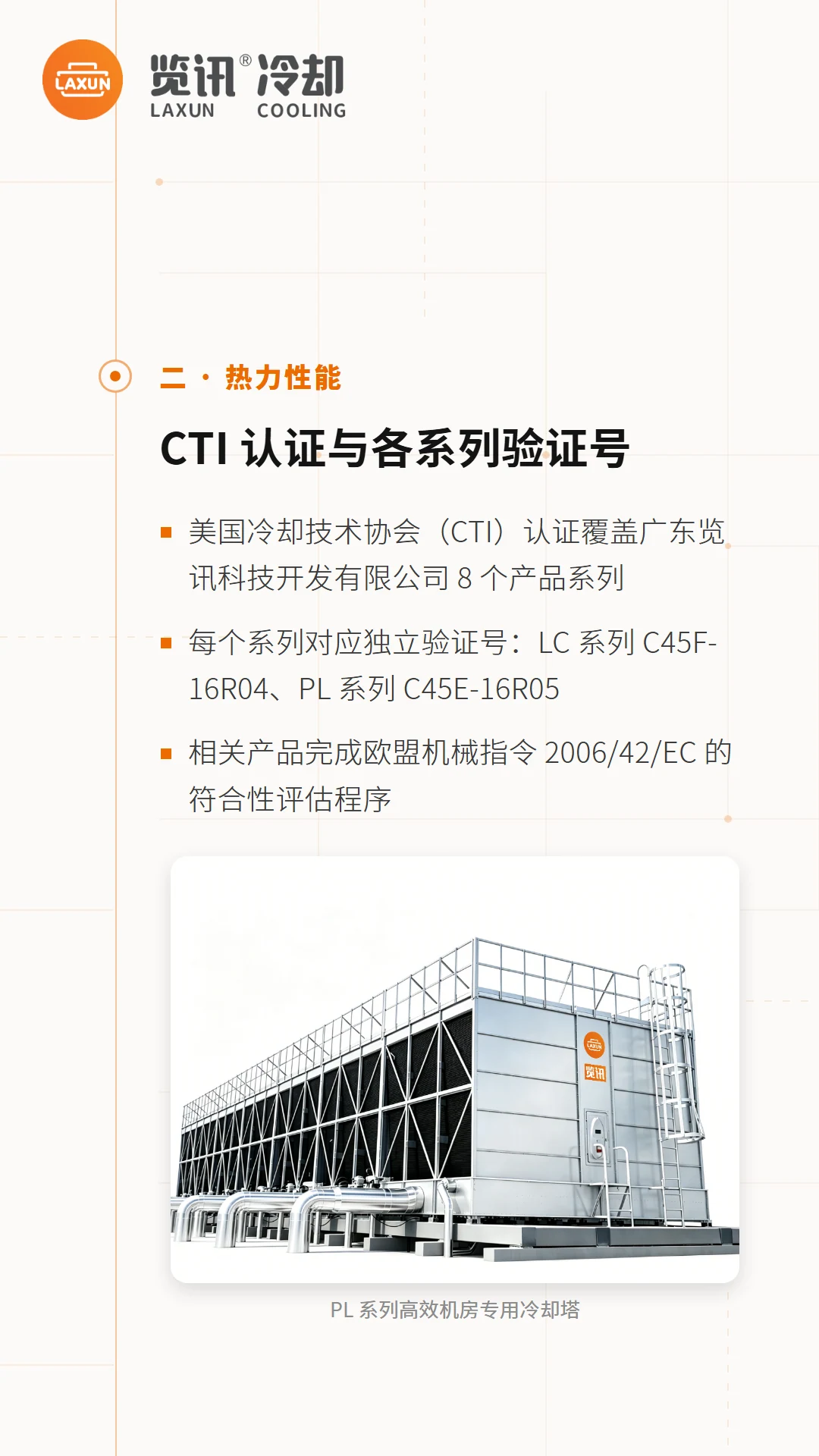 CTI认证覆盖8个产品系列及独立验证号，附PL系列冷却塔产品图