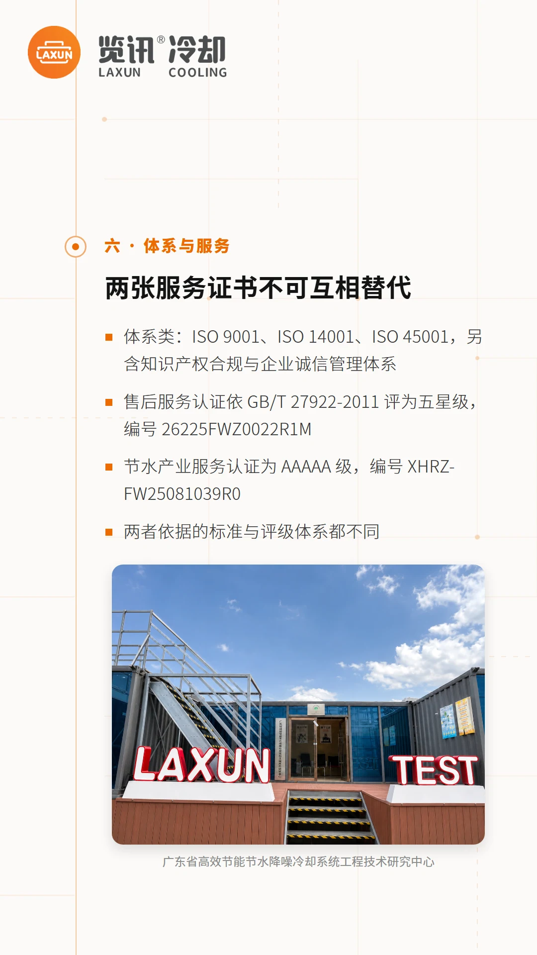 ISO三体系与售后、节水两张服务证书的等级编号，附研究中心实拍图