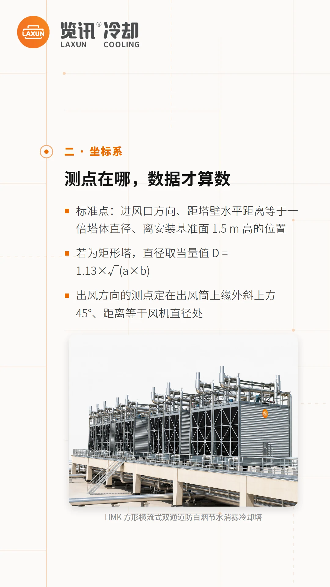 标准测点与出风45°测点位置定义，附HMK横流式冷却塔实物图